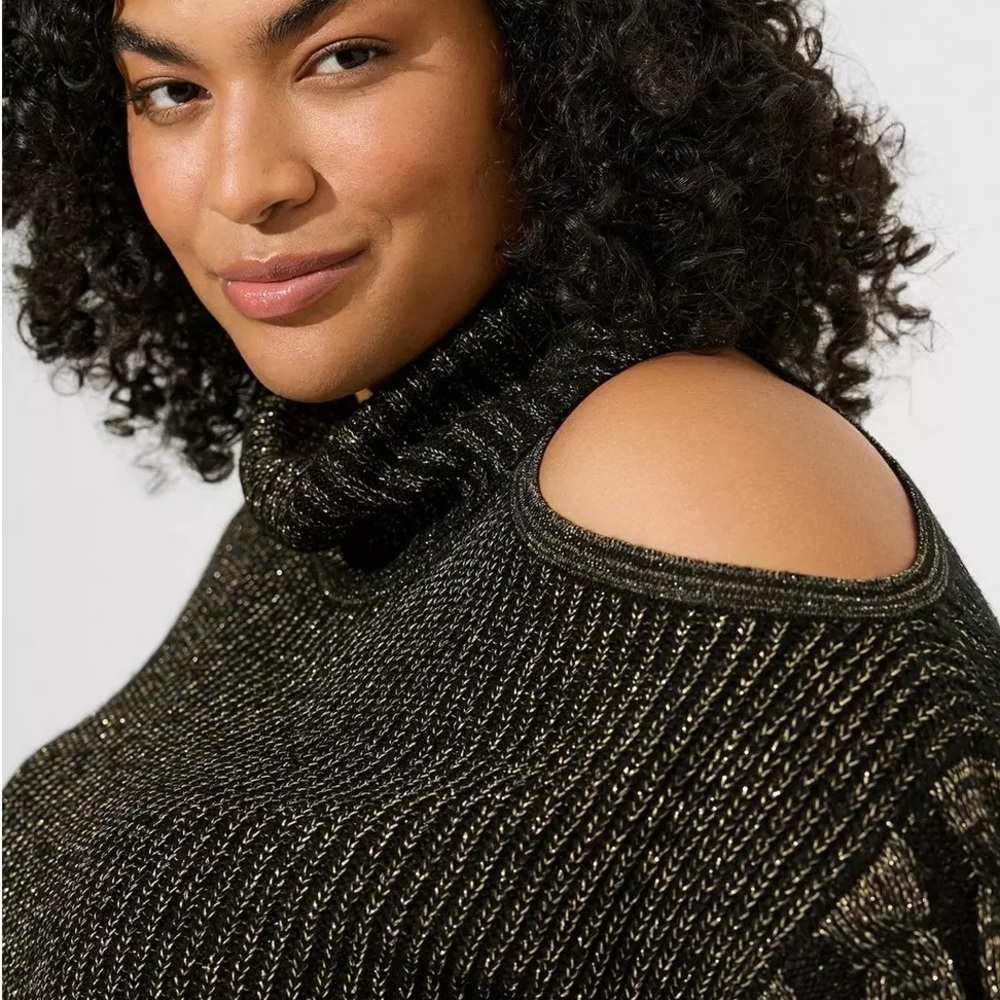 TORRID Black Gold Metallic Lurex Cable Knit Open Shoulder Turtle Neck Sweater